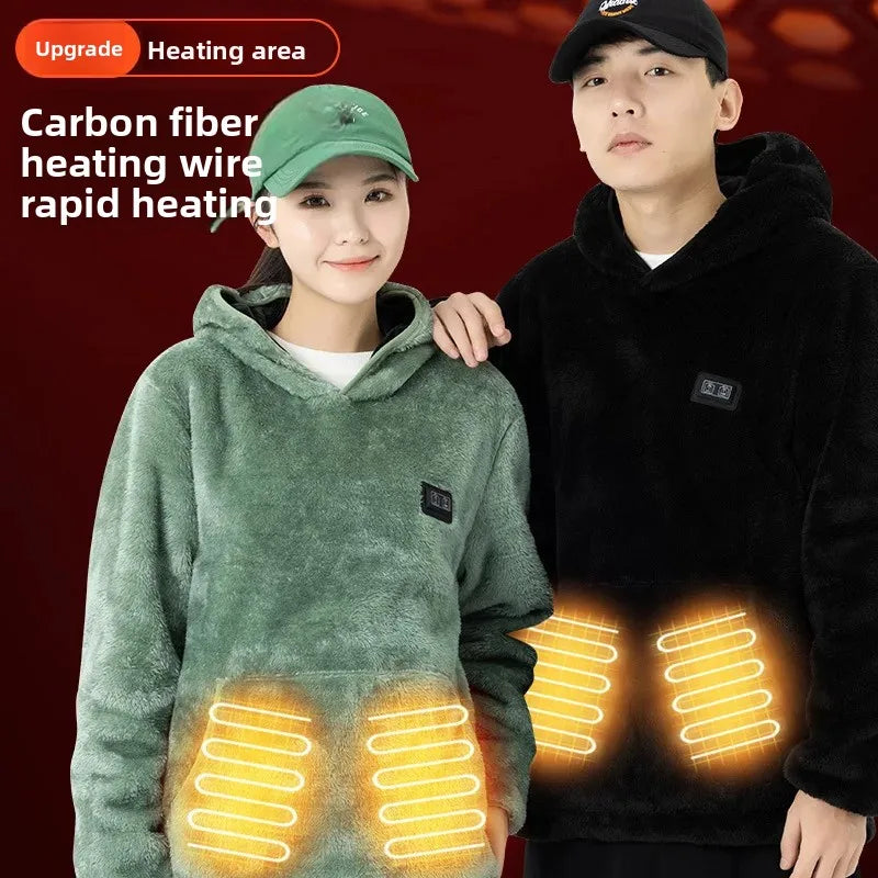 Heated Coral Fleece Sweatshirt Jacket USB Electric Heating Sportswear for Men And Women Fleece Lined Open Cardigan