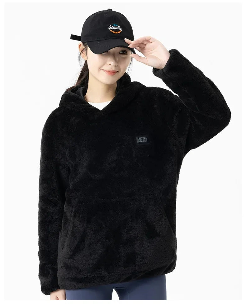 Heated Coral Fleece Sweatshirt Jacket USB Electric Heating Sportswear for Men And Women Fleece Lined Open Cardigan