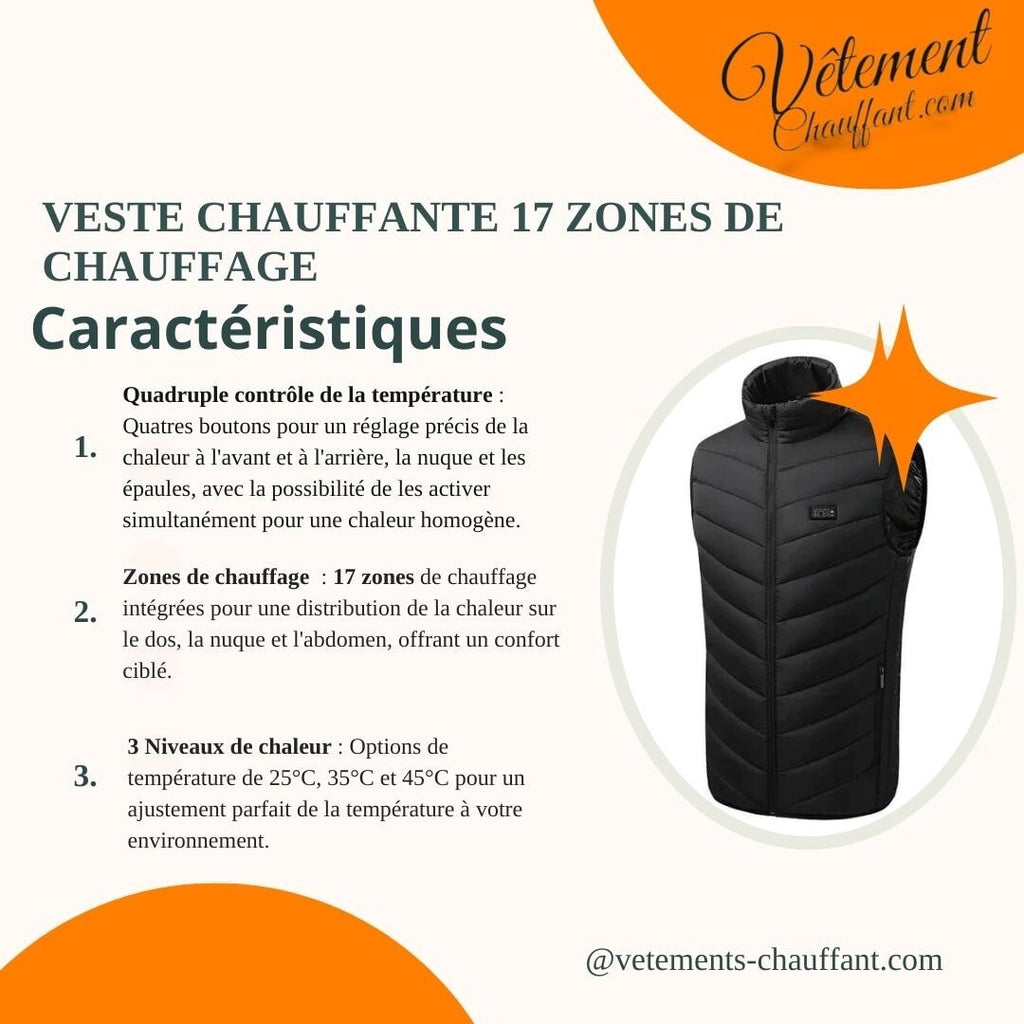 Veste chauffante 17 zones de chauffe – diffusion intégrale haut du corps | VETCHAUD™